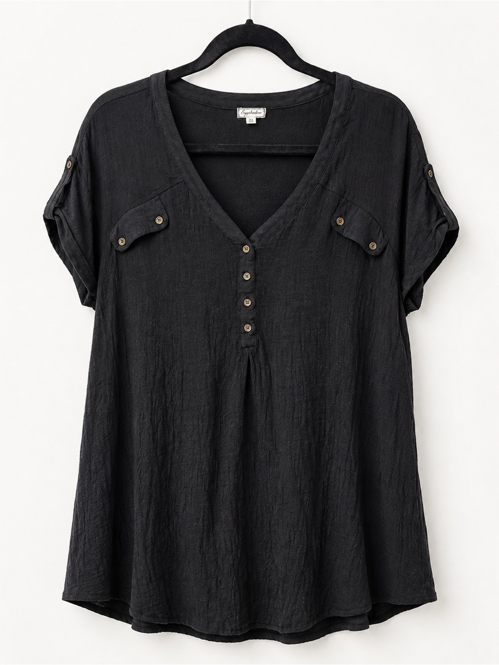 Plus Size Black V-Neck Button Front Short Sleeve Top